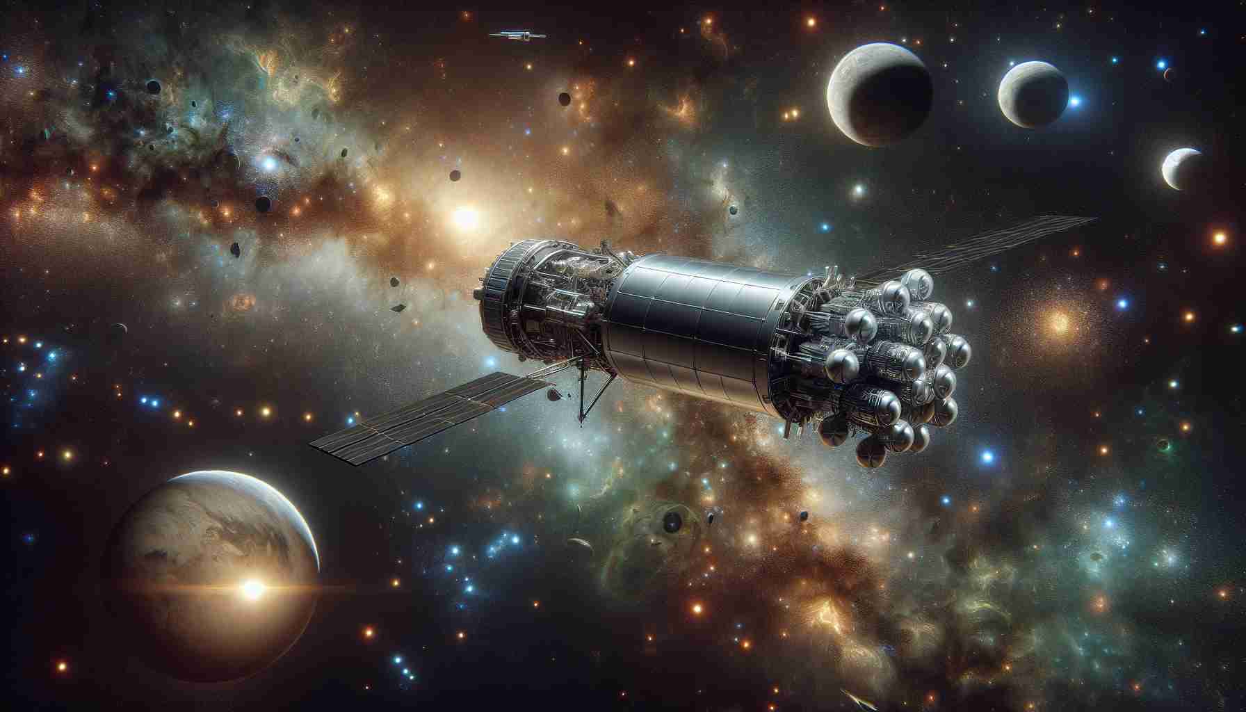 A highly-detailed, realistic image presenting a new, innovative spacecraft as it glides gracefully into the obscurity of space. The spacecraft is diligently carrying an enigmatic payload. The backdrop is filled with an array of beautifully depicted cosmic elements, such as stars, distant planets, and galaxies.