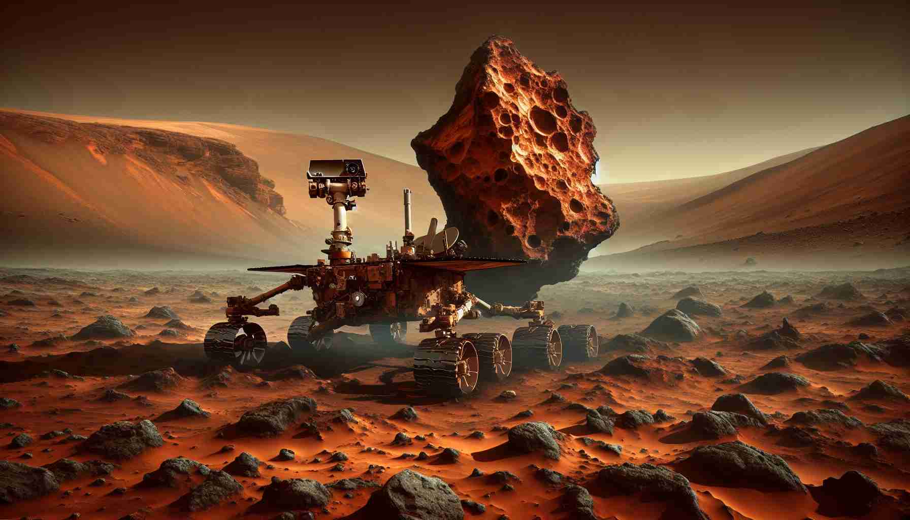 In vivid detail, generate a high-definition image of the Perseverance Rover on the surface of Mars. Display the rover as it makes a fascinating discovery of an enigmatic rock formation. The Martian landscape should be encompassed by rusty-red terrain, and the sky should consist of a thin dusty haze. The rock formation stands out due to its unusual structure in comparison to the surrounding martian rocks. The rover, decked with scientific equipment, is analyzing these formations to uncover the mysteries of this alien planet.