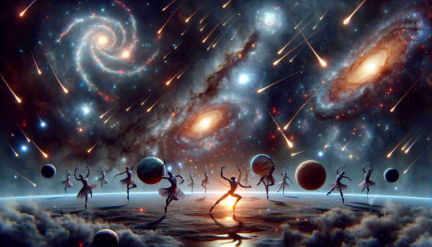 Craft a photorealistic high-definition image illustrating the concept of a 'Galactic Ballet'. The scene should depict a cosmic dance of celestial bodies in the vastness of space. Planets, stars, and meteors are participating in a harmonious and rhythmic interplay, moving along their orbits in a ballet-like dance. Maybe some of the planets and stars could be anthropomorphized, given limbs or faces, to make the dancing more metaphorically resonant. All this is set against a backdrop of galaxies, nebulae, star clusters, and other elements of deep space that add a dramatic and awe-inspiring touch to the surreal ballet performance.