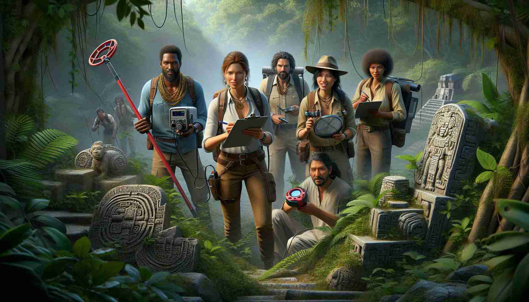 A highly detailed, realistic image of a group of diverse explorers: a Caucasian woman armed with a map, a Black man wielding a metal detector, a Middle-Eastern man carrying a large brush, and a South Asian woman documenting findings on a notepad. They are in the uncharted territories of an ancient Maya civilization. Their faces reflect the thrill and curiosity of their discovery. Oh, and we see unique hidden relics: well-preserved pottery, carved stone tools and complex structures emerging from thick jungle vegetation.