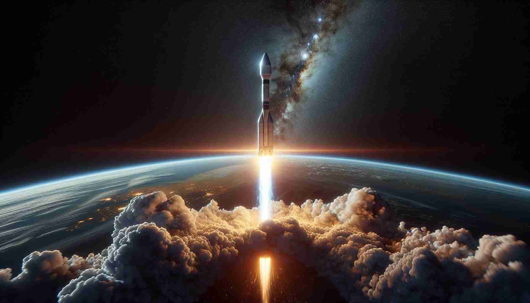 A high definition, realistic image depicting a momentous occasion in space exploration. The scene describes a newly designed, technologically advanced rocket taking its inaugural flight. The rocket is breaking through Earth's atmosphere, soaring high and leaving behind a trail of fiery exhaust. The sky transitions from the blue of our planet to the black vastness of space. The picture captures the raw emotion of this pioneering endeavor, signifying the promise and potential of our continual exploration of the cosmos.