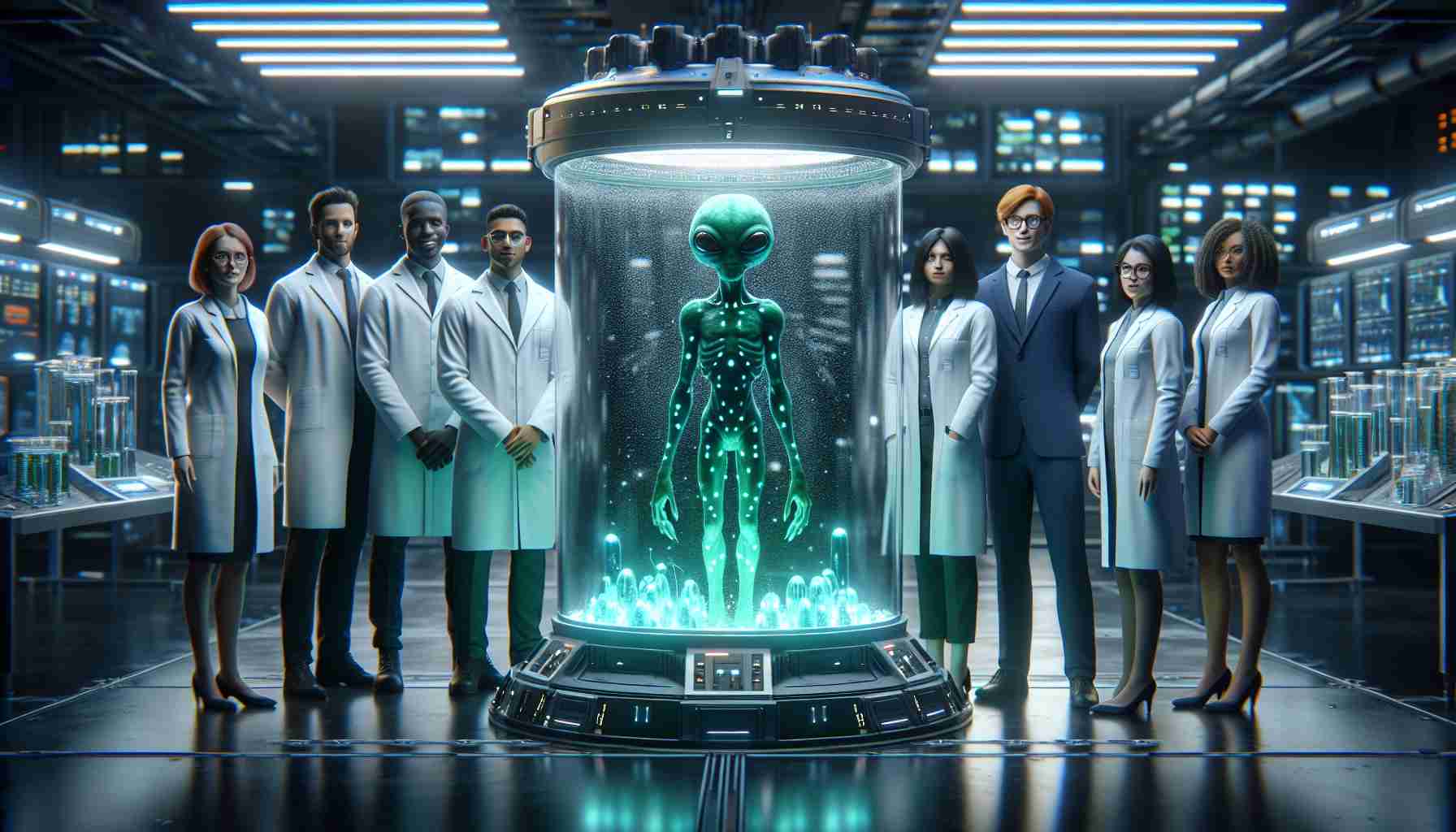 Create a hyper-realistic, high-definition image depicting a group of scientists from diverse descents, including Caucasian, Hispanic, Black, Middle-Eastern, and South Asian, and genders, unveiling their discovery of extraterrestrial life. The setting is a sophisticated laboratory filled with advanced scientific equipment. The extraterrestrial life form is a deep green organism with glowing bioluminescent spots, safely held within a highly secure containment unit with visible condensation, indicating a cold environment within.