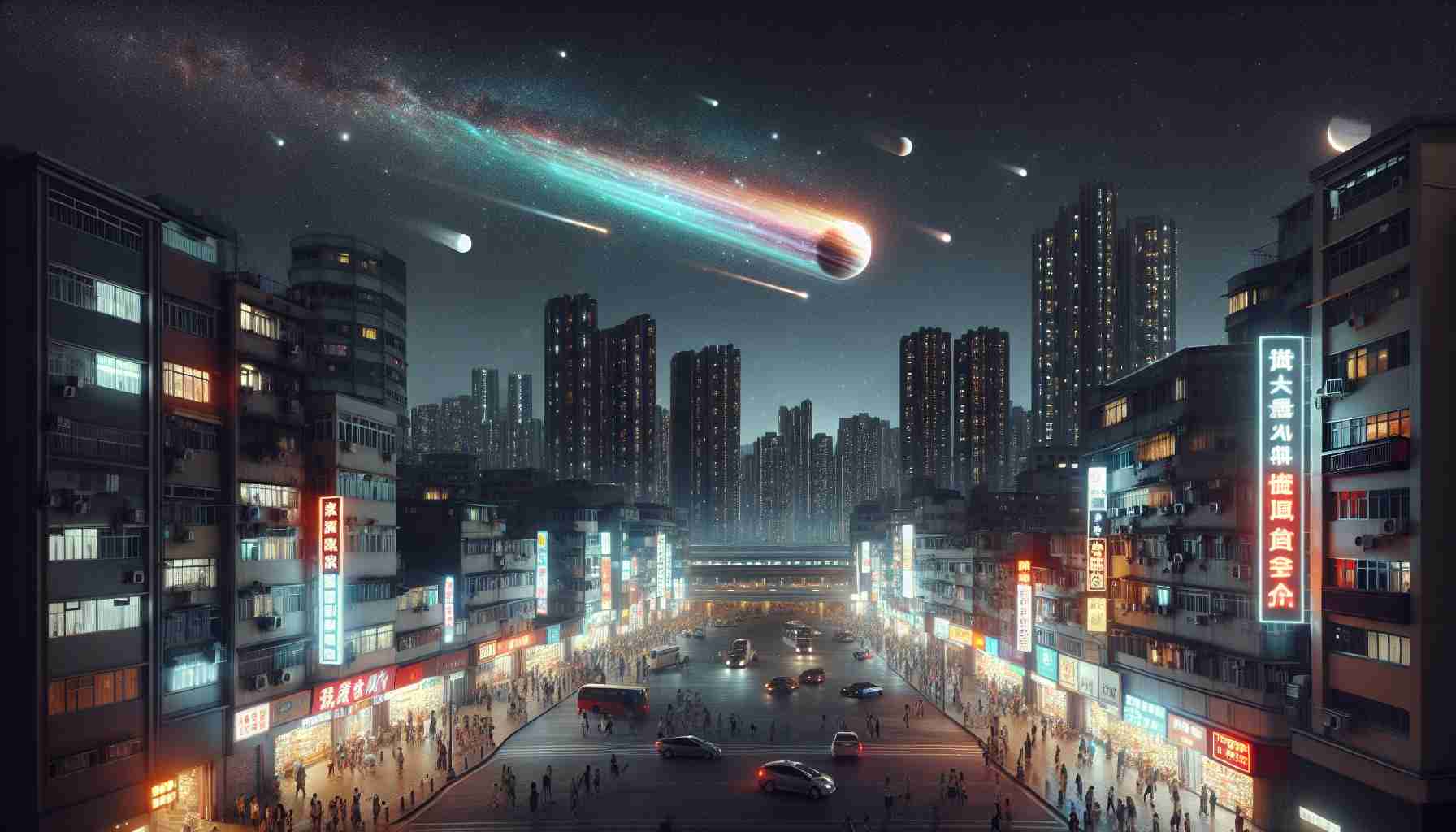 Produce a realistic, high-definition image of an enigmatic celestial event, such as a rare alignment of planets or a peculiarly colored comet, stirring curiosity among onlookers in an urban setting. The scene is set in a city that's a representative archetype of a metropolis, with high-rise buildings, bustling streets, and an observable mix of people, cars, and neon signs. The night sky above the city is clear and starlit, underlining the peculiar phenomenon happening that draws the eyes of bystanders towards it with curiosity and fascination.