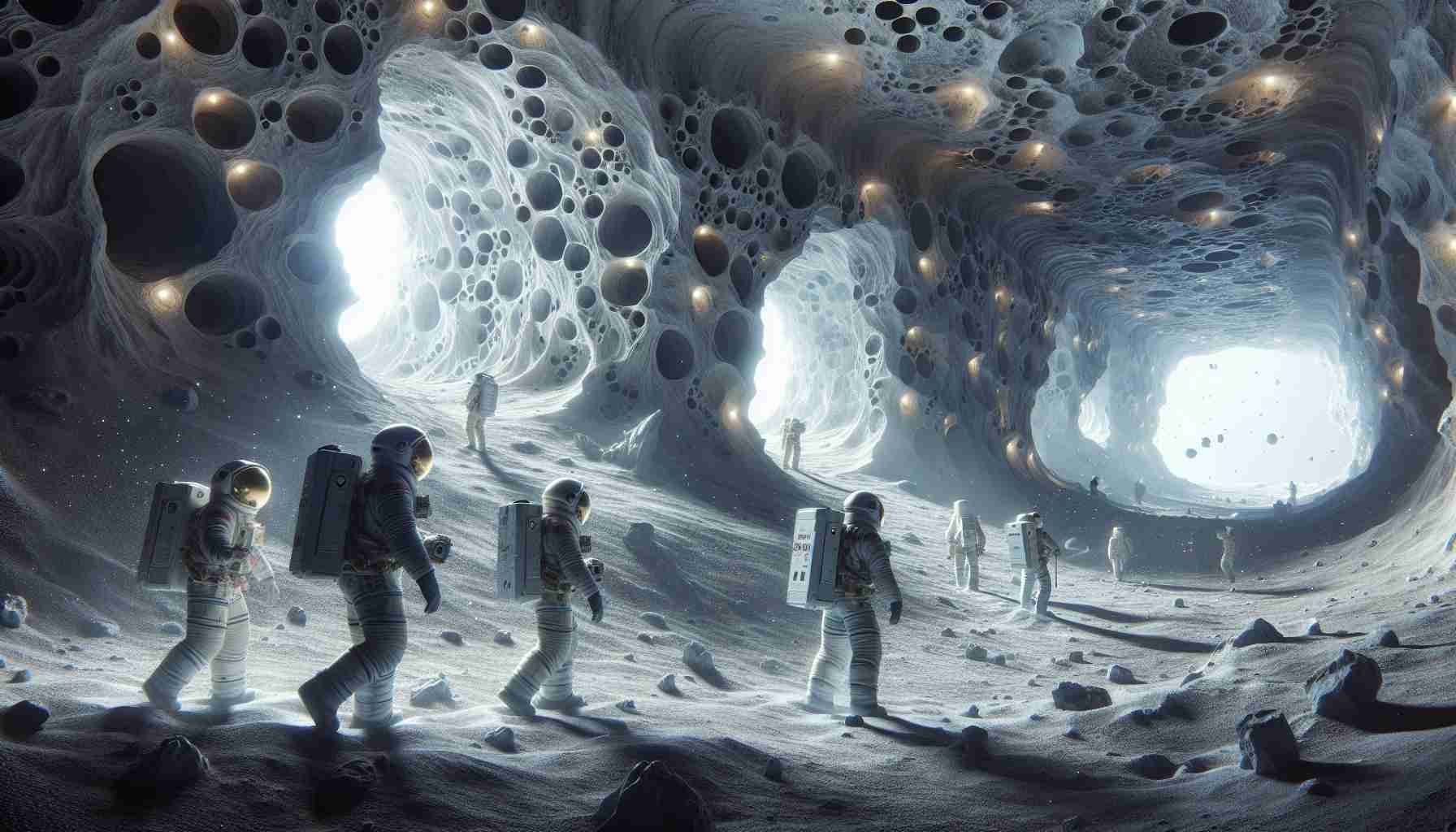 A highly detailed, realistic image featuring astronauts of mixed gender and various descents, exploring beneath the moon's surface. The astronauts are geared up in space suits, maneuvering through a complex network of luminous lunar caves. The caves illuminate a pale, eerie glow. The cave walls are rugged with numerous craters, offering a peek into the moon's geological history. Fine moon dust particles float around in zero gravity, amplifying the otherworldly atmosphere. Please include details that showcase the thrill and danger of extraterrestrial exploration.