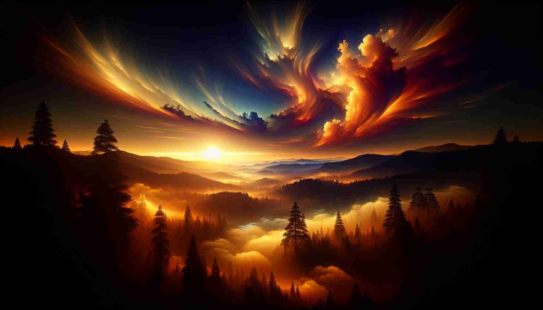 A high-definition, realistic depiction of an enchanting natural display unfolding on the horizon. The landscape is awash with warm and vivid hues of a sunrise or sunset, creating a mesmerizing effect against the silhouettes of trees, mountains, or perhaps a body of water. Cloud formations dance artistically in the light, enhancing the ambient tranquility of the scene.