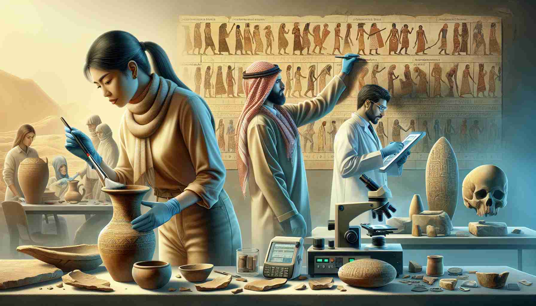 Illustrate a high definition, realistic image that captures a range of diverse anthropological discoveries throughout different periods of time. In the foreground, reveal an archaeologist—an Asian female—meticulously brushing dust off an ancient pottery shard. In the midground, include a Middle-Eastern male archaeologist in the former's team using modern equipment to scan a stone tablet for inscriptions. The background could depict accurately sorted and tagged artifacts from different eras showing a timeline of human evolution. Blend the scenes smoothly so it indicates a journey of discovery over the millennia.