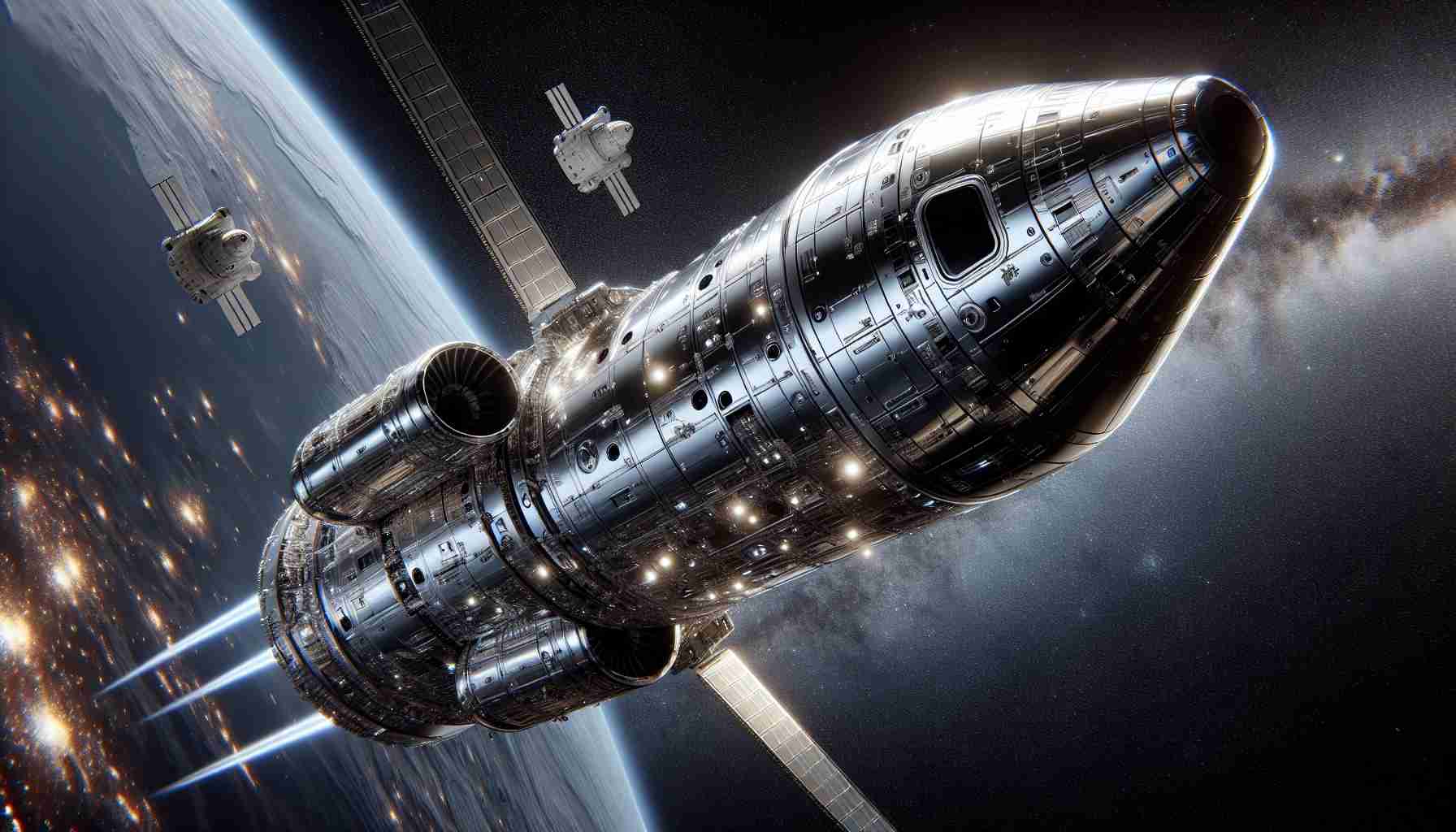 Generate a hyper-realistic, high-definition illustration of a Boeing Starliner spacecraft. Capture its meticulous engineering detail, the reflective quality of its metallic body, and its streamlined, aerodynamic shape. Its current trajectory suggests a slight delay in its mission, perhaps a crew swap at an orbiting space station, which is visible in the distant cosmic backdrop. Please exclude any human figures or specific identifiers.