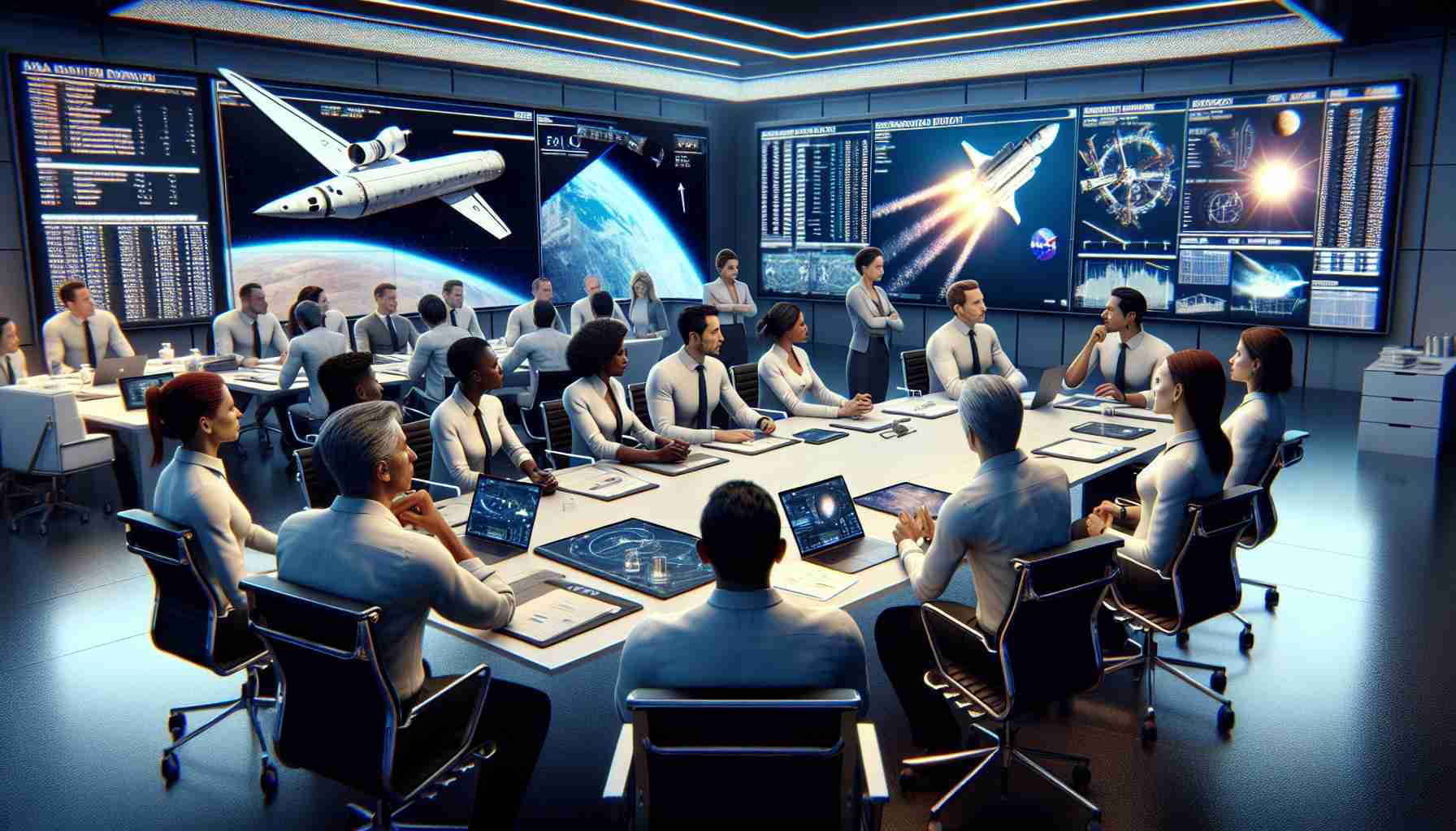 A high-definition, realistically styled depiction of various NASA officials in a meeting room, discussing collaboration opportunities with SpaceX for an extended mission duration. The room is filled with monitors displaying mission parameters and spaceship designs. The team comprises of men and women from diverse descents such as Caucasian, Hispanic, Black, Middle-Eastern, and South Asian, all engaged in a critical evaluation of the partnership for extending mission duration.