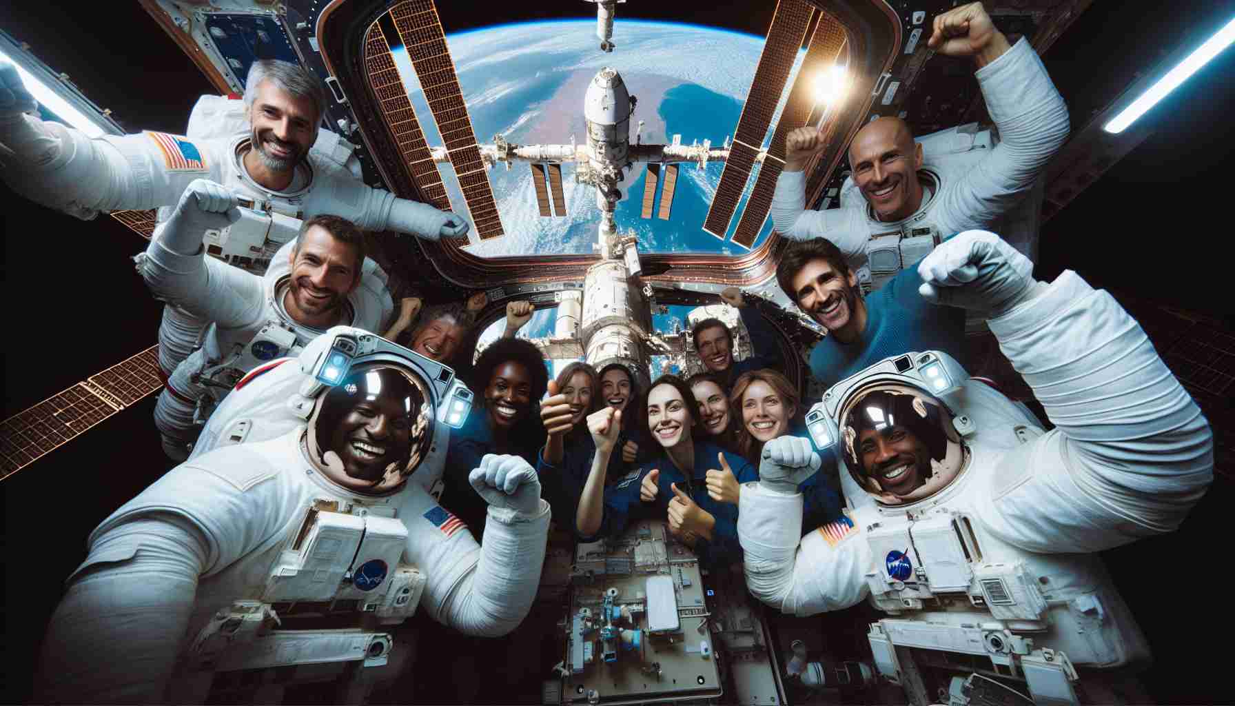 Generate a high-definition, realistic photograph-like 2D image of a multiracial group of astronauts, including both men and women, jubilantly celebrating their extended stay aboard the International Space Station. Highlight their excitement and camaraderie, with the Earth visible from a window in the background.