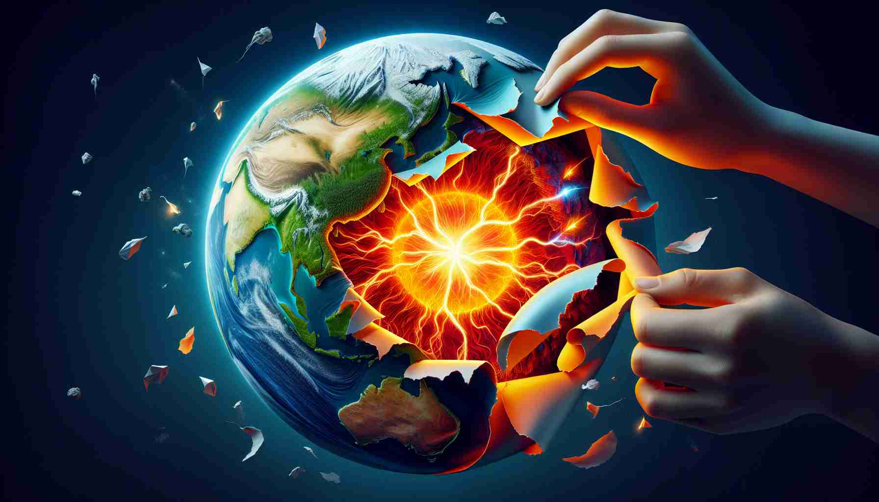 Create a realistic high-definition image depicting the concept of unveiling Earth's electrifying secrets. The image should depict a human hand peeling back a layer of the Earth's texture in a paper format to reveal a vibrant, glowing core symbolizing energy. Small lightnings can be seen inside the core to signify intense electrical power. Surrounding the core, there should be different types of environments, such as mountains, forests, oceans, and deserts, suggesting the diversity of Earth's landscapes. The textures and colors used should enhance the sense of realism and depth.