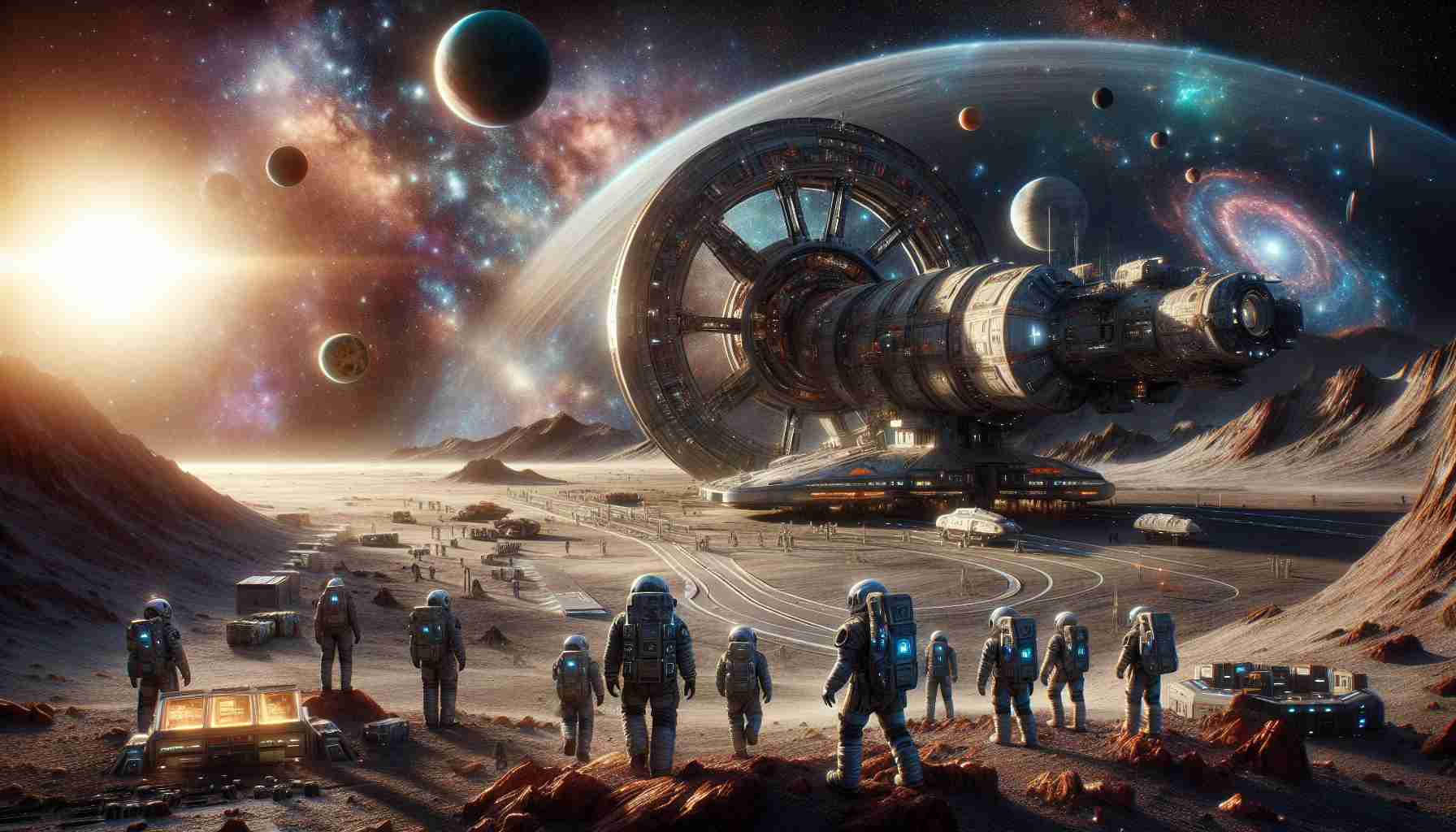 High-definition, realistic image of a groundbreaking space odyssey. The scene showcases brave explorers in detailed spacesuits, stemming from a diverse range of descents such as Caucasian, Black and Middle-Eastern. Their spaceship, a marvel of engineering, is situated nearby on an alien landscape, suggesting the start of a new journey. In the distance, there's a drafted-out route leading to a mysterious celestial body. Various planets, nebulae, and a plethora of glittering stars surround them, denoting the uncharted territory they are venturing into. Strategically placed lights add atmospheric drama to the scene.