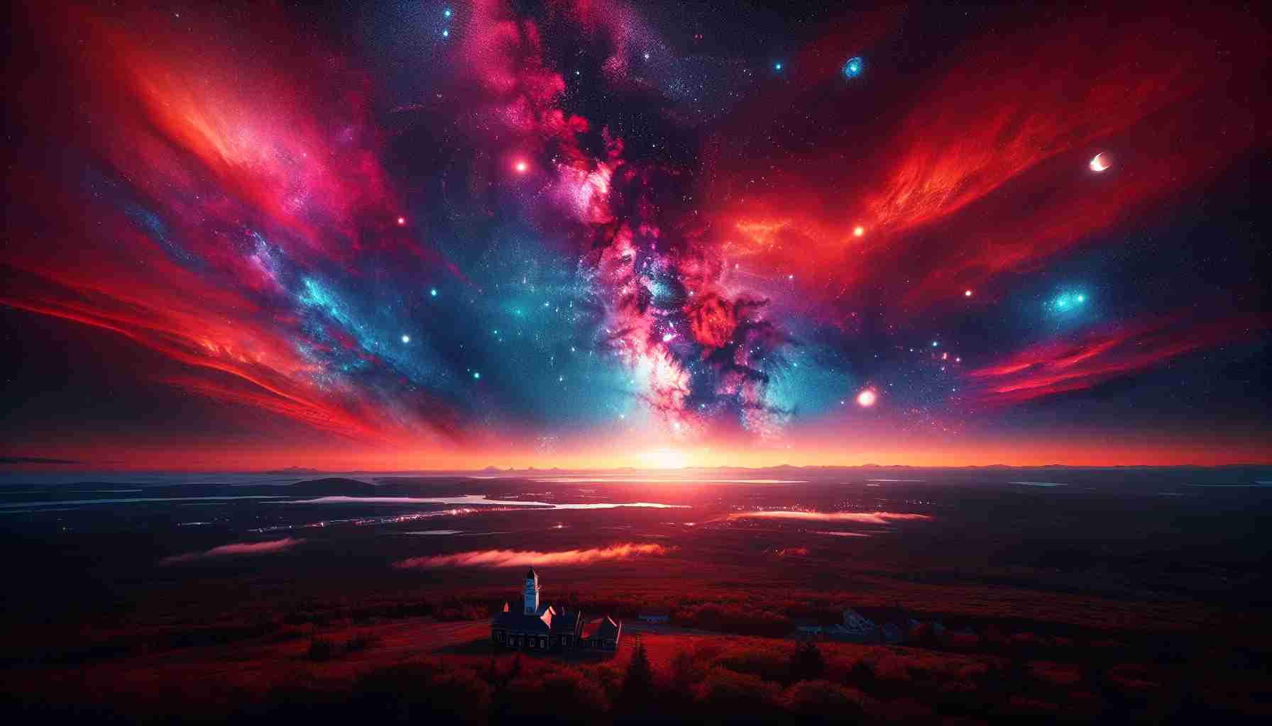 An HD image depicting a stunning celestial display over New England skies. The sky is ablaze with hues of red, orange, purple, and blue, whilst far-off stars twinkle in the background. The image is captured in a realistic style, with every detail crisp and clear. The landscape below is silhouetted against the breathtaking view, with patches of vegetation and characteristic New England architecture discernible.