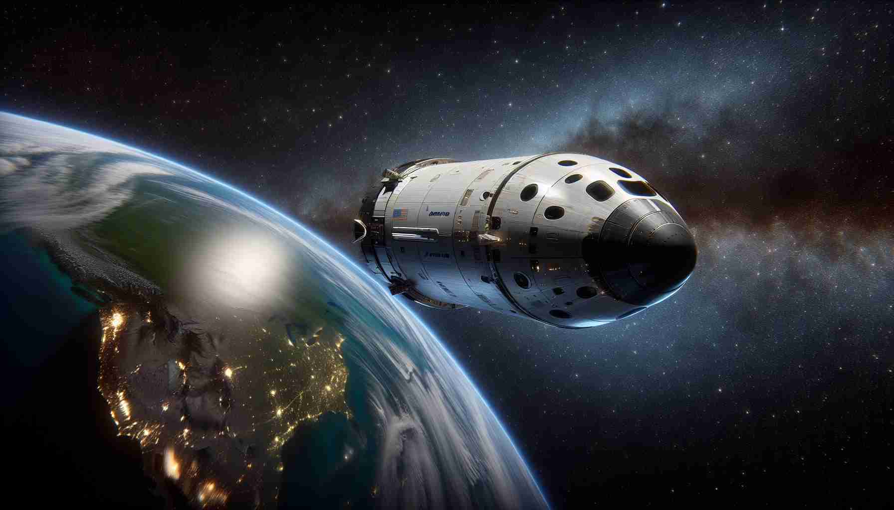 A realistic, high-definition image showcasing the Boeing Starliner spaceship. The picture should exude an atmosphere of uncertainty, reflecting the unmade decision about its return to Earth. Visual details can include the spacecraft amidst a star-filled space background, with the blue and green Earth in the distance.