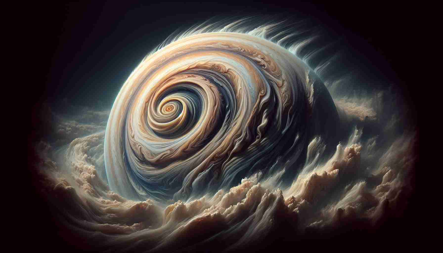 Create a realistic, high-definition image showcasing Jupiter's enigmatic cyclonic formation. The image should show Jupiter's immense gaseous structure, stirring winds and swirling vortex storms in great detail.