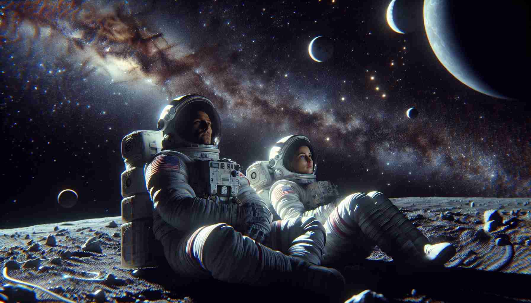 Consider a high-definition, realistic depiction of two astronauts, one of South Asian descent and female, the other Hispanic and male, stranded in the depths of space. Despite the unplanned nature of their journey and the isolation, they find tranquillity. Imagine them peacefully interacting with the celestial bodies surrounding them. Their spacesuits bear the signs of extended use. The endless void of space serves as their backdrop, filled with countless stars, galaxies, and cosmic phenomena.