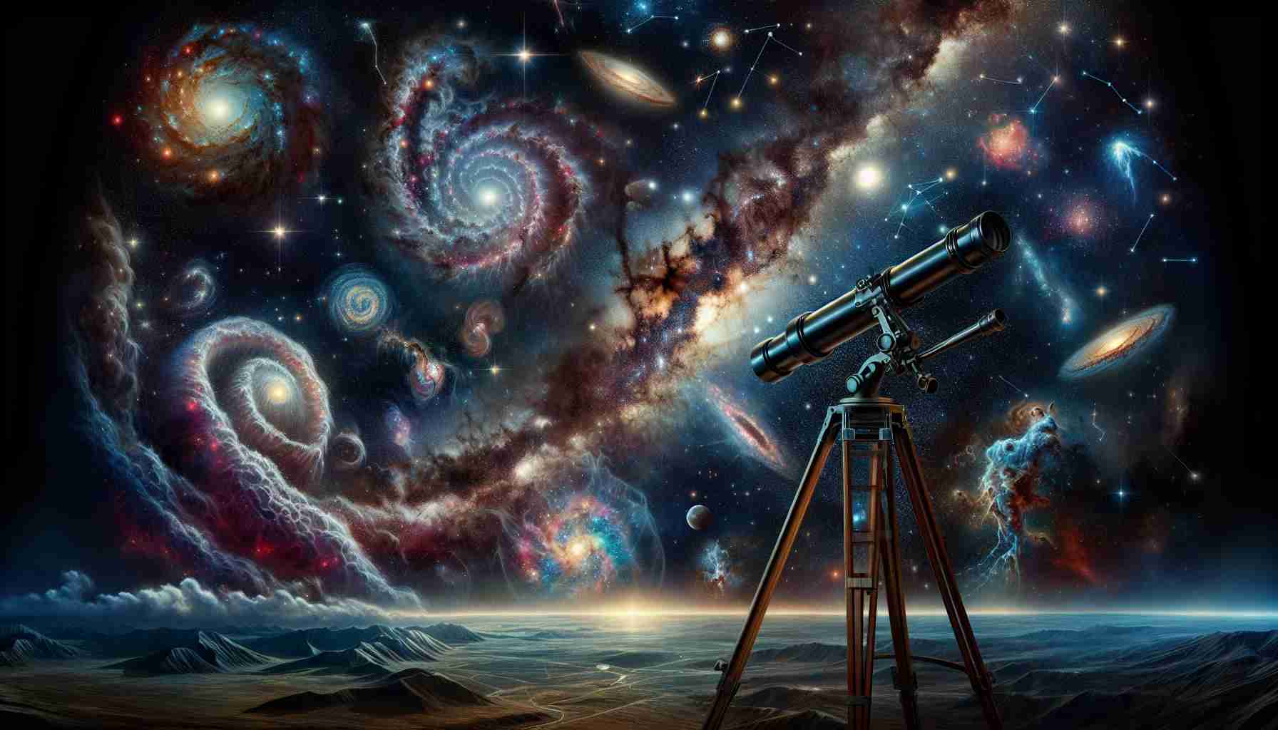 A highly detailed and realistic image depicting the concept of 'Unveiling the Mystery of the Celestial Dance'. The scene shows the vast expanse of the night sky, filled with twinkling stars, swirling galaxies, colourful nebulae, and meteor showers. The celestial bodies are beautifully arranged as if they are in a harmonious dance across the cosmos. A long telescope placed on a sturdy tripod is capturing this beautiful scene. The telescope points upwards, revealing the celestial mystery. Include the Milky Way and various constellations in detail. Emphasize the colors, depth, and infinite nature of space.