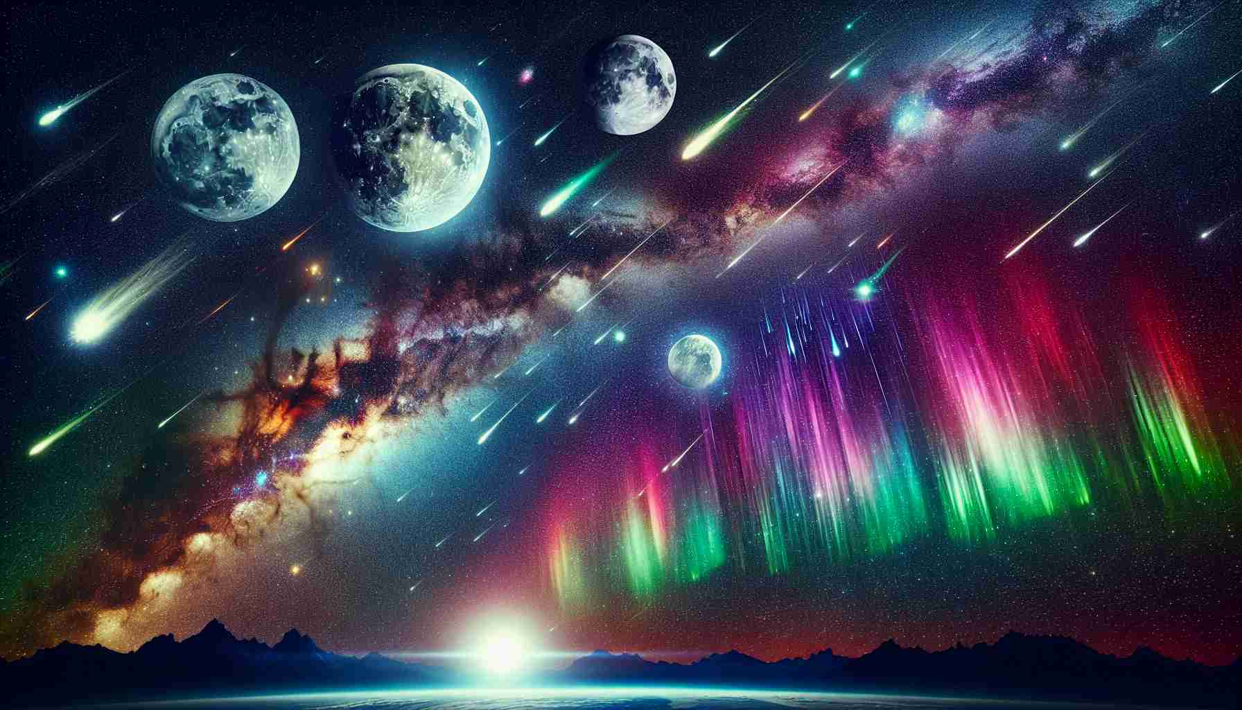 Detailed image of multiple fascinating celestial events happening simultaneously. Depict a radiant meteor shower streaking across the sky, a vibrant Aurora Borealis in the distance lighting up the night with a spectral display of colors, and a magnificent supermoon hanging low and bright. The Milky Way, captured in high definition, serves as the marvellous backdrop to these events, its myriad stars and planets glowing dimly in the starry night.