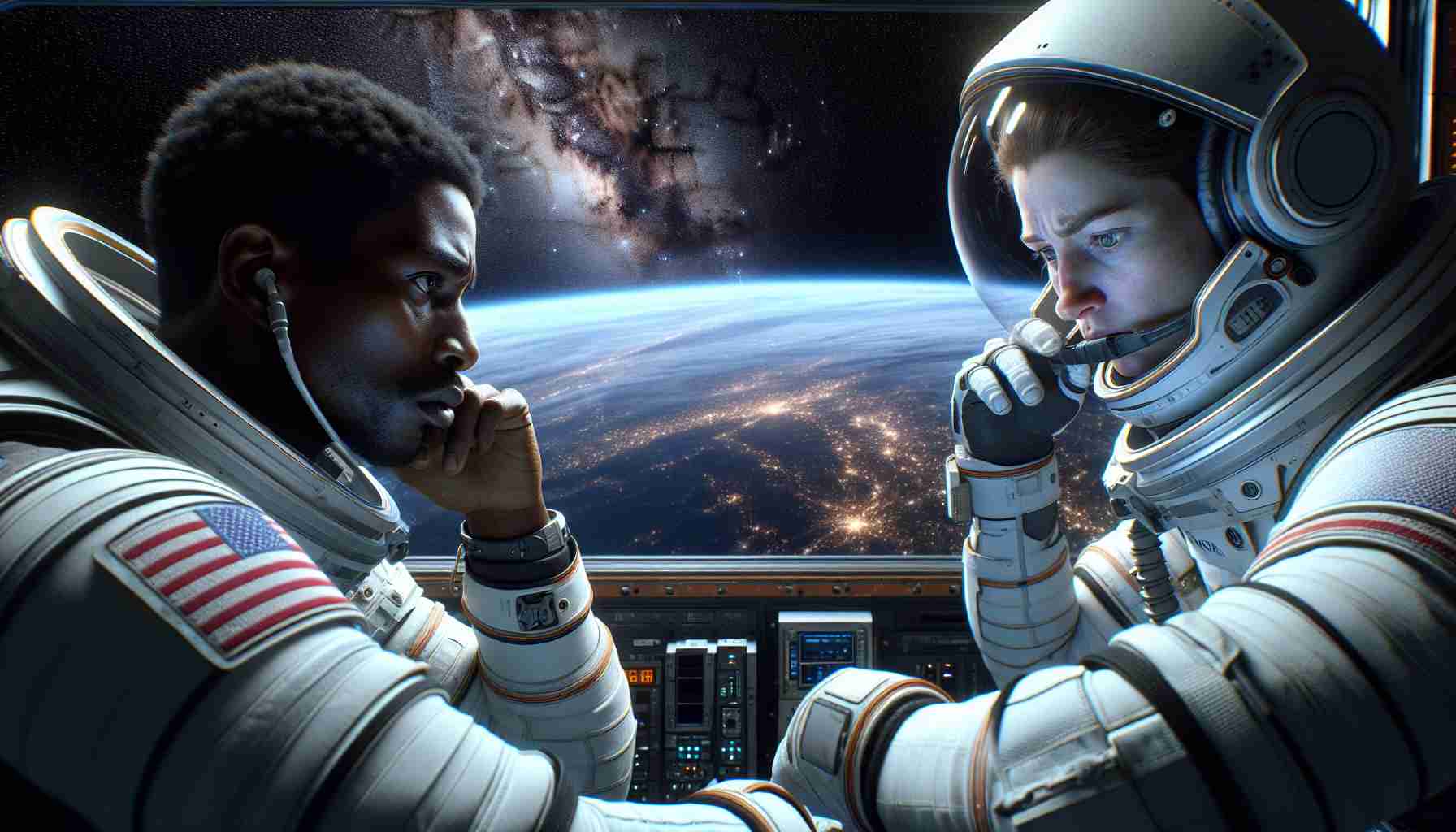 High definition, realistic image showing tough times in space. Depict a challenging situation for two astronauts, one Caucasian male named Wilmore and the other a Black female named Williams. They are visibly stressed, both diligently working to solve the problem. The background consists of vast, peaceful outer space with countless distant stars. Visible in the distance is their destination, the International Space Station, but it is slightly out of their reach due to some unexpected challenges.