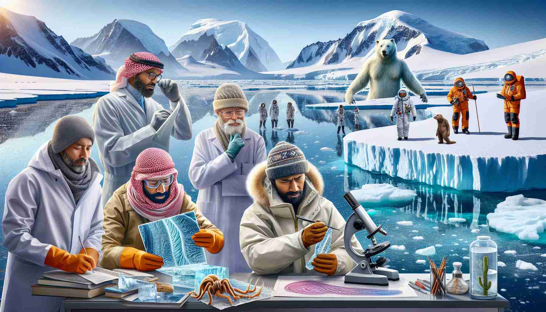 Create an image of astonishing discoveries in the yet unexplored regions of Antarctica. The image must depict a diverse team of scientists which includes a Middle-Eastern male geologist reading a piece of ice cores, a Caucasian female biologist examining a unique species, and a South Asian male geophysicist studying magnetic field changes. Further, the Antarctic scenery with icebergs in the background should be portrayed in great detail. The image needs to have a realistic HD quality, capturing the extreme cold atmosphere of these uncharted territories.