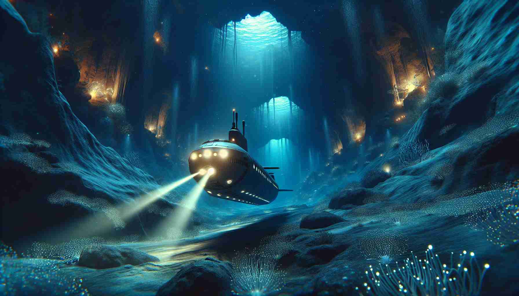 Generate a stunning and realistic high-definition image capturing the essence of exploration and discovery. The image should portray a scene deep under the sea, where the mysteries of the ocean come alive. There should be an advanced submarine navigating through a vast underwater cavern lit dimly by bioluminescent organisms. The submarine's powerful lights illuminate undiscovered species of sea creatures and fantastical underwater landscapes. The atmosphere of the scene should feel suspenseful and awe-inspiring, reflecting the excitement of unveiling unknown depths and secrets of the sea.