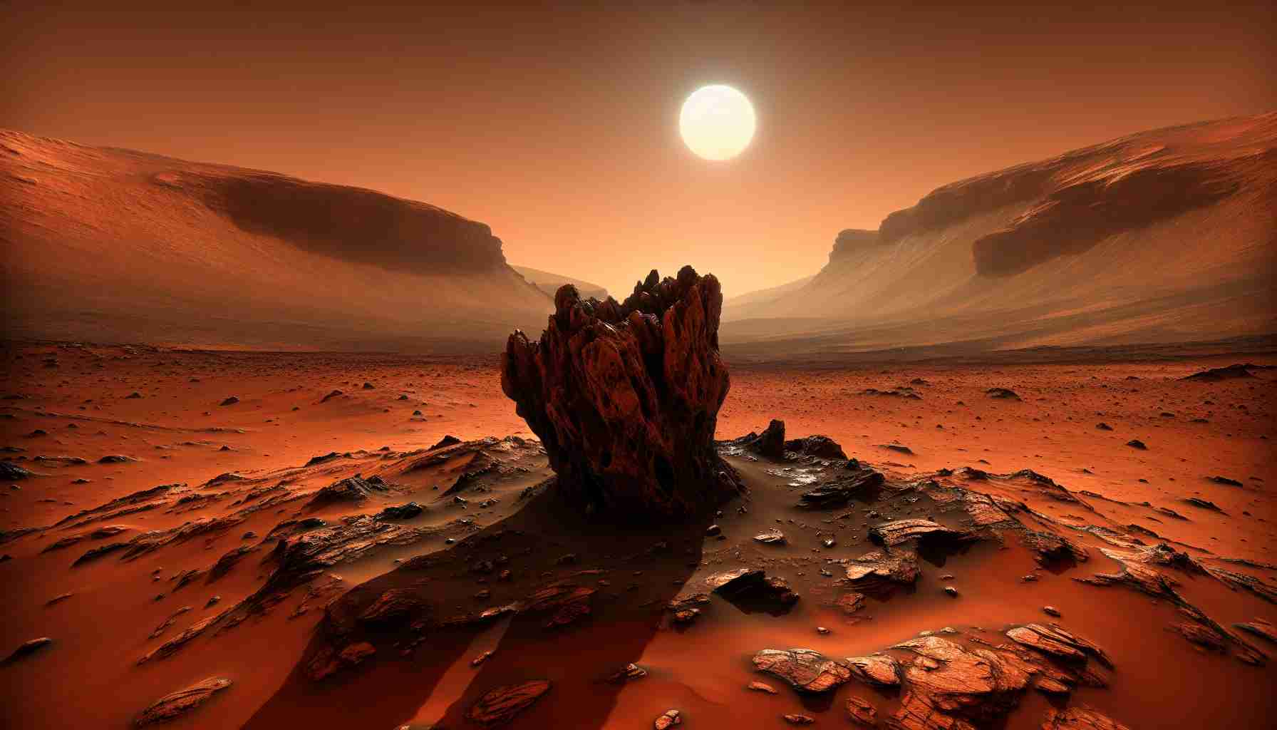 A high-definition, realistic image of an extraordinary discovery on Mars. Display an unusual rock formation unearthed by the Perseverance Rover. The landscape around is alien-like with red-orange sand, rugged terrain, and a dimmer sun in the distant, cloudless sky.