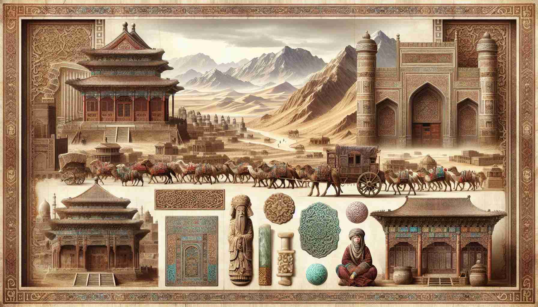 A realistic, high-definition image depicting the ancient secrets of Xinjiang. Include elements that capture its rich historical context such as ancient Silk Road caravans traveling through the desert, intricate architecture from millennia past, jade artifacts, and traditional Uyghur ethnic costumes. Remember to include the region's natural features, such as the Taklamakan Desert and the Tianshan Mountains.