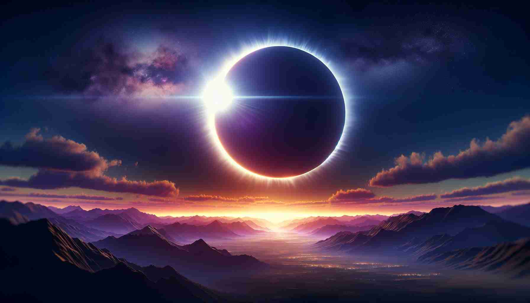 Craft a realistic High Definition image showing the spectacle of a solar eclipse. The scene should capture the breathtaking moment when the moon fully obscures the sun, casting a dramatic shadow across the landscape below. The sky should be dotted with shades of deep blue and radiant purple, and the bright corona of the sun should be piercing through the edges of the moon. The environment below should be a serene landscape caught in the transient twilight, silently witnessing this astronomical wonder.