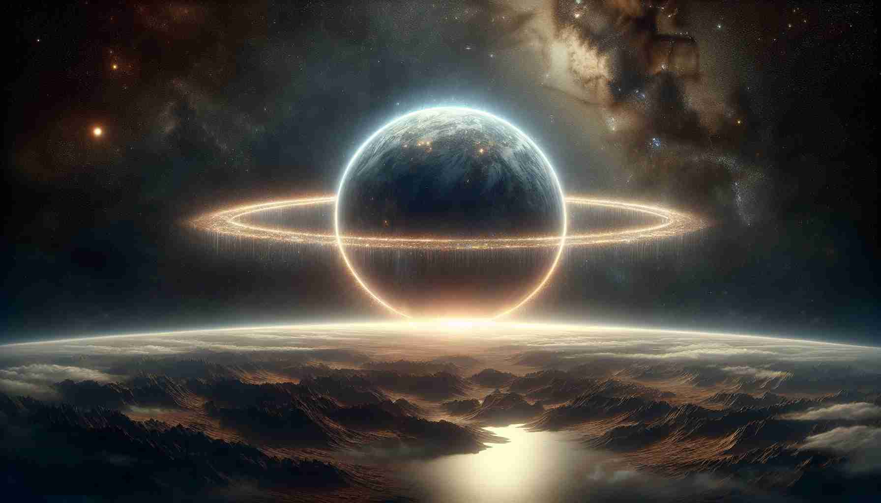 Generate a high-definition, realistic depiction of the ancient earth, emphasising its primordial landscapes under a vast, star-studded sky. The peculiar detail in this image is a mystical, enormous ring suspended in space, surrounding the Earth. It shines brilliantly under the cosmic light, casting a magnificent silhouette against the dark universe, bringing a sense of mystery and awe to the scene.