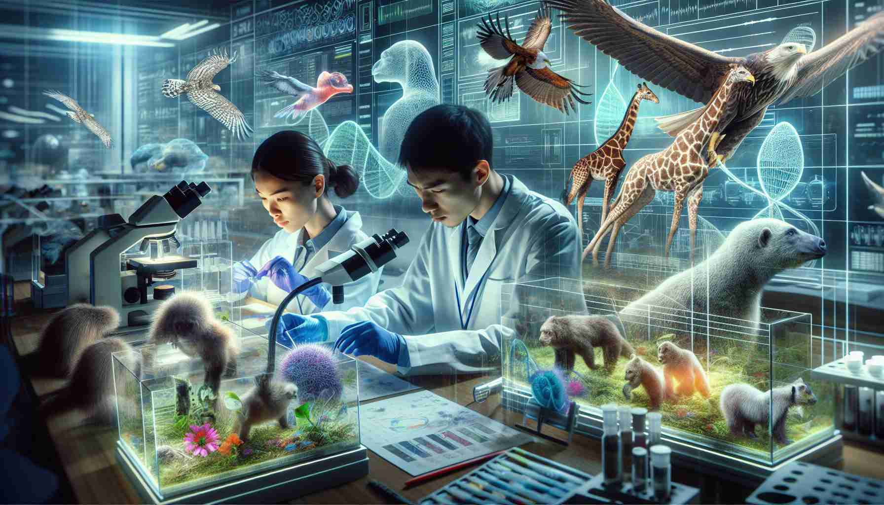 An intricate and high-definition image showcasing the concept of revolutionizing wildlife conservation through genetic engineering. The scene unfolds in a modern laboratory with top-tier technology and equipment. A biologist of Asian descent and a scientist of Hispanic descent are engrossed in their work. They are studying genetic samples from varying animal specimens, including gentle giraffes, majestic eagles, and exotic reptiles. The scientists, full of determination, strive towards their goal of preserving biodiversity and enriching the lives of endangered species. The atmosphere is full of hope and scientific curiosity.