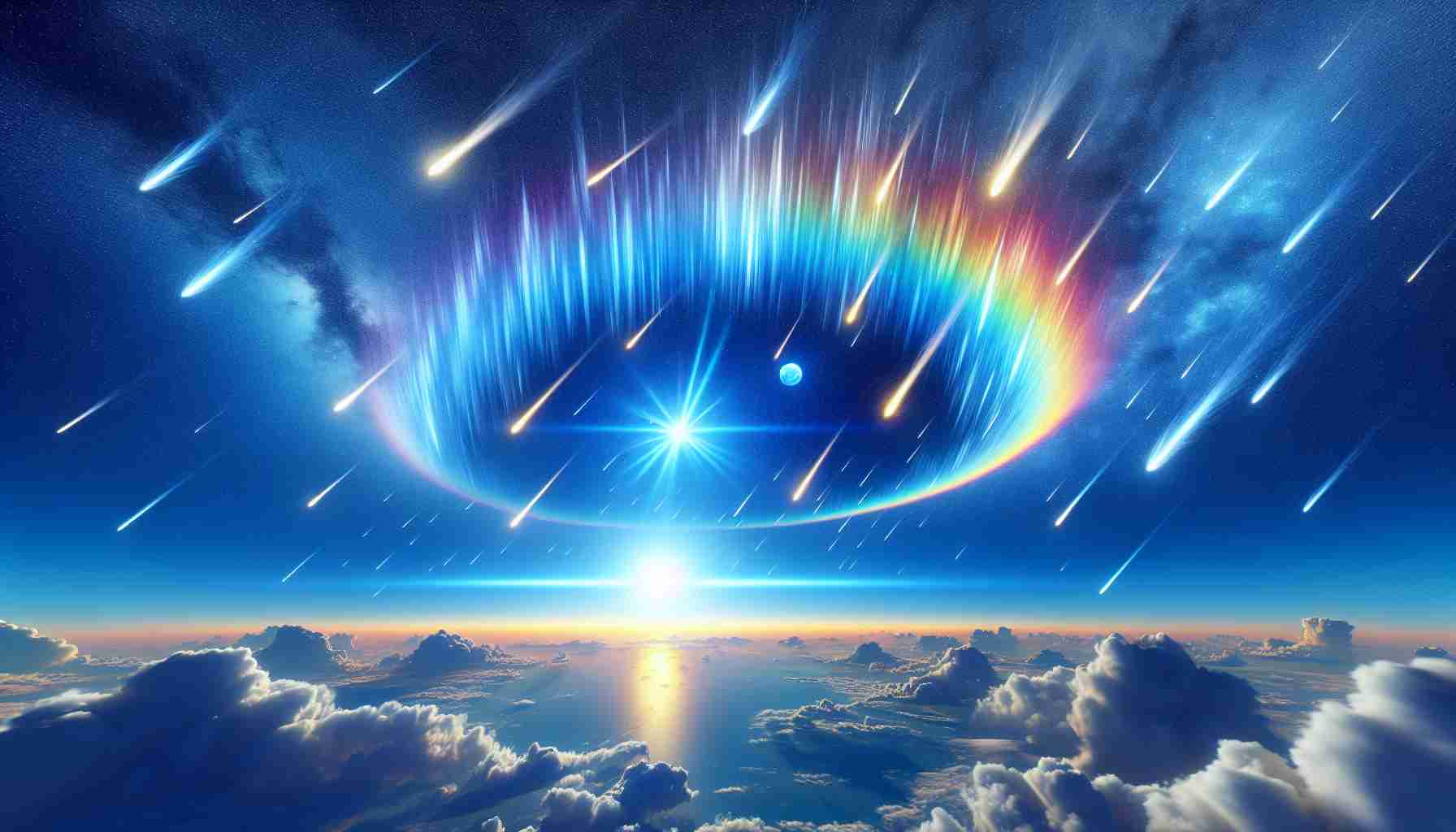 A high definition, realistic depiction of an extraordinary event happening in the skies. This could include a rare celestial alignment, a meteor shower, an exceptionally bright and vibrant rainbow, or a visual phenomenon seldom witnessed by the human eye. It's daytime, with a few clouds scattered across the azure background providing a stunning contrast to the spectacle.