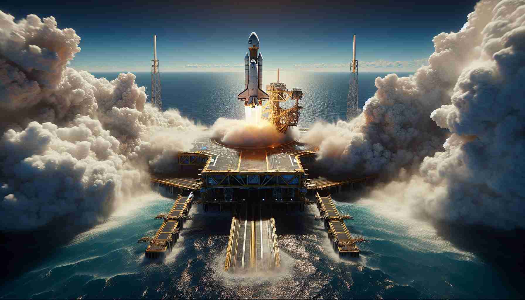 A high-definition scene showcasing a historic moment in space exploration. In the center, you see a spaceship landing on a platform in the middle of the ocean, representing a groundbreaking rocket recovery. The ship is embraced by plumes of smoke and steam, signifying the heat and force of reentry. Overhead, the clear, blue sky offers contrast to this intense spectacle. The platform is equipped with machinery designated to aid in the successful landing and further emphasizes the triumph of technology and human engineering.