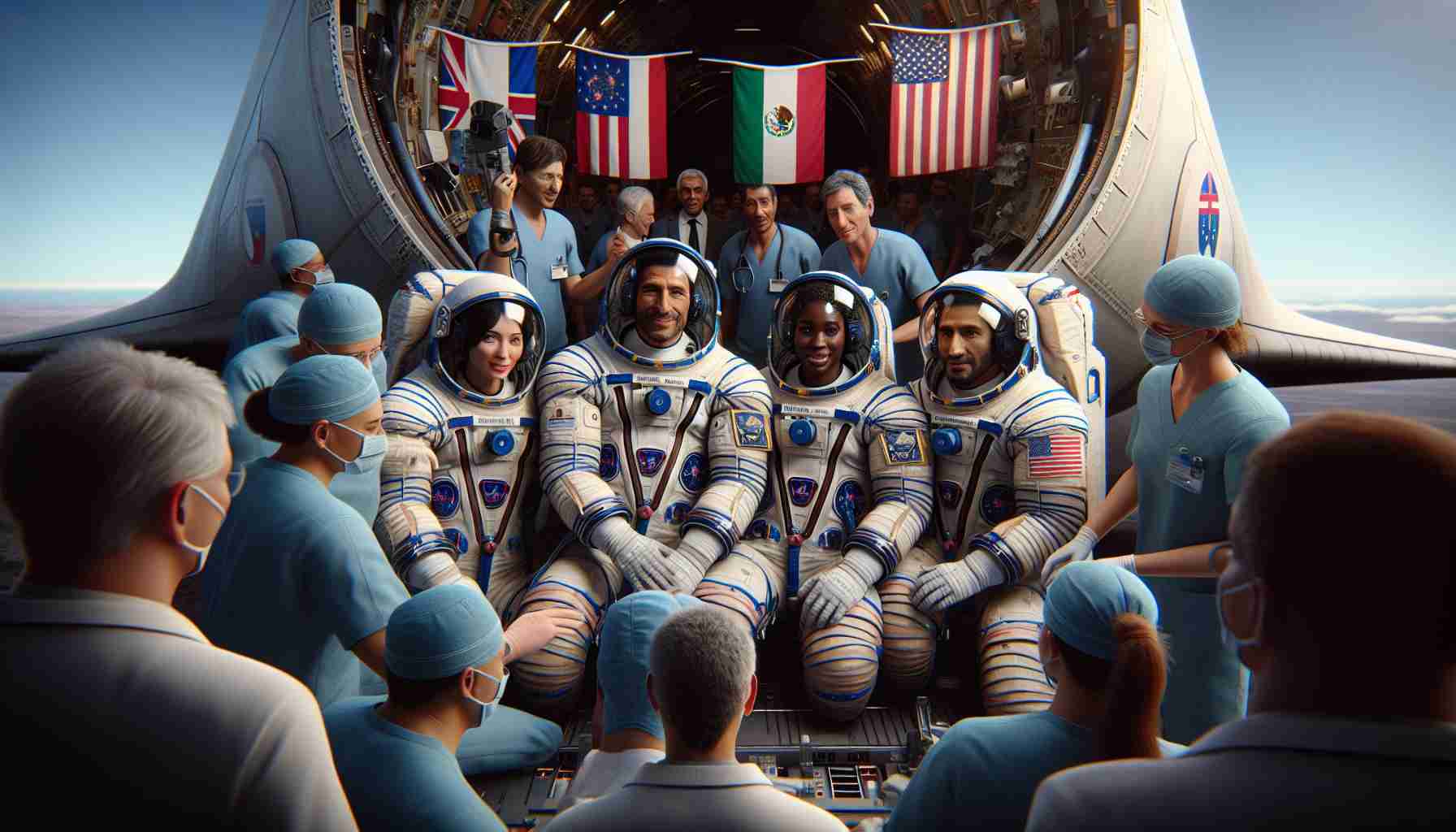 Detailed high-definition image depicting the successful return of Crew-8 astronauts. Visualize a diverse group of astronauts consisting of a Caucasian woman, Hispanic man, Black woman and a Middle-Eastern man. They have recently landed back on Earth and are exiting their spacecraft. Medical personnel, equally of mixed descent and gender are nearby, performing precautionary medical checks on each astronaut. The aircraft has national flags symbolizing international collaboration, and the surroundings are a buzz with excitement and concern for the astronauts' health.